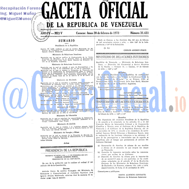 Gaceta Oficial 31431 del 20 Febrero 1978