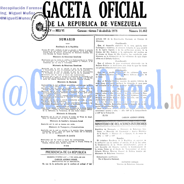Gaceta Oficial 31462 del 7 Abril 1978