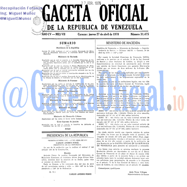 Gaceta Oficial 31475 del 27 Abril 1978
