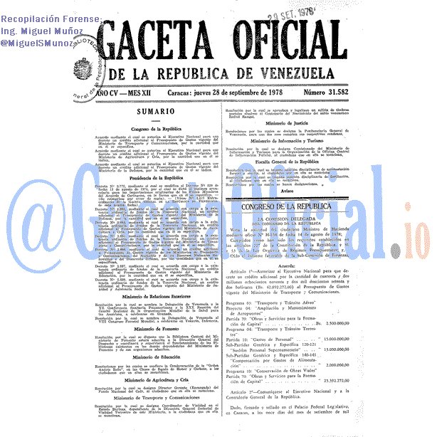 Gaceta Oficial 31582 del 28 Septiembre 1978