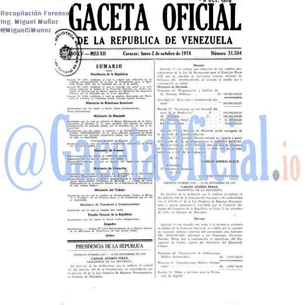 Gaceta Oficial 31584 del 2 Octubre 1978