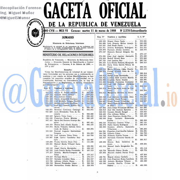 Gaceta Oficial 2578 del 11 Marzo 1980