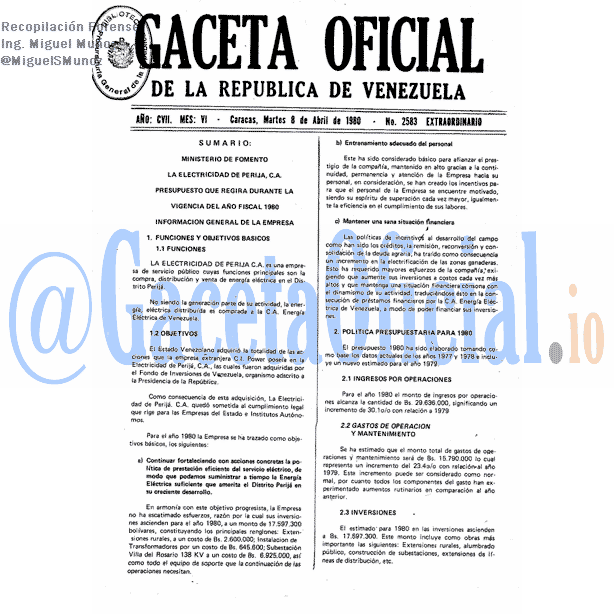 Gaceta Oficial 2583 del 8 Abril 1980