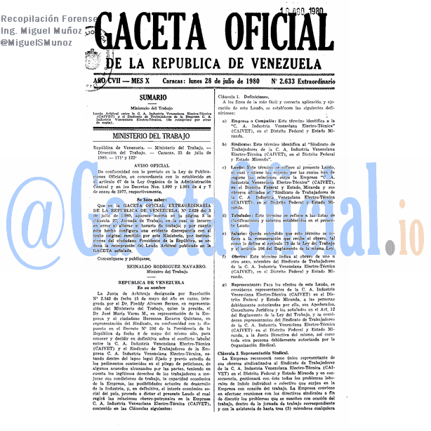 Gaceta Oficial 2633 del 28 Julio 1980