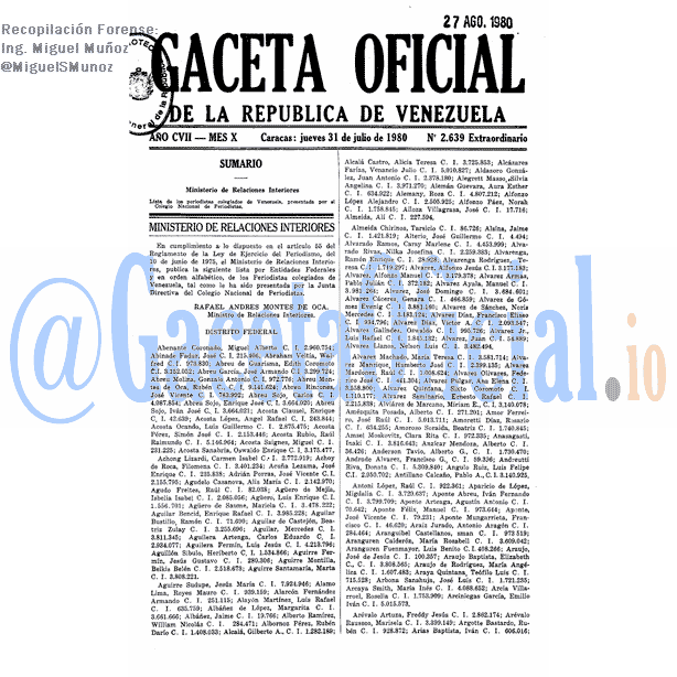 Gaceta Oficial 2639 del 31 Julio 1980
