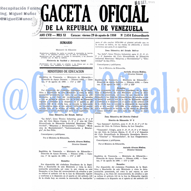Gaceta Oficial 2654 del 29 Agosto 1980