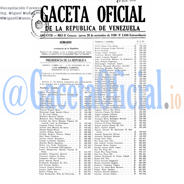 Gaceta Oficial 2686 del 20 Noviembre 1980