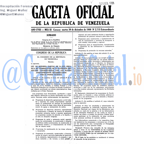 Gaceta Oficial 2715 del 30 Diciembre 1980