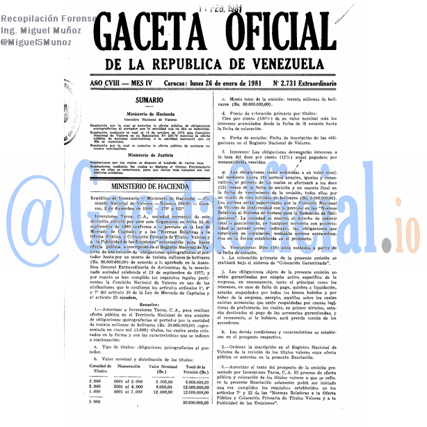 Gaceta Oficial 2731 del 26 Enero 1981