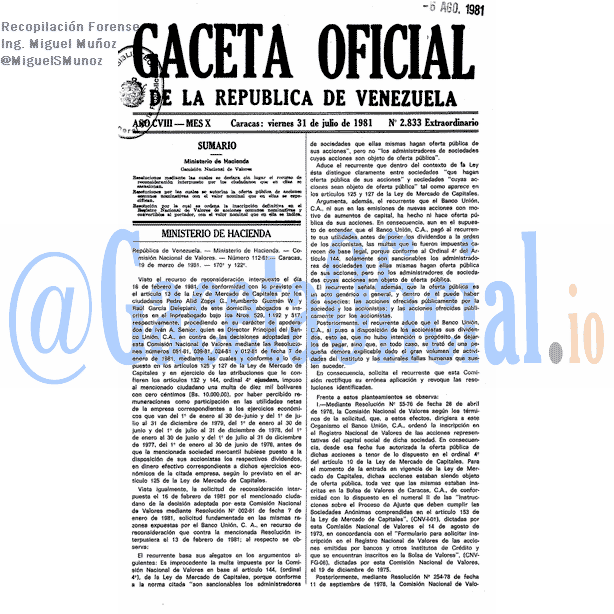 Gaceta Oficial 2833 del 31 Julio 1981