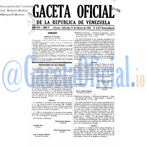 Gaceta Oficial 2917 del 17 Febrero 1982