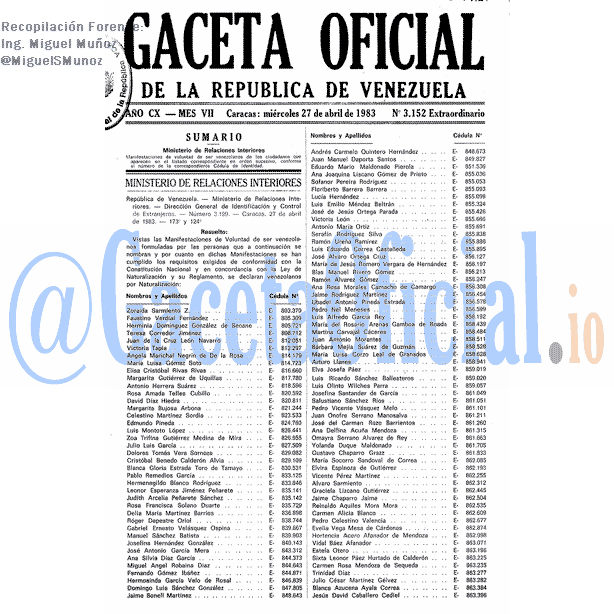 Gaceta Oficial 3152 del 27 Abril 1983