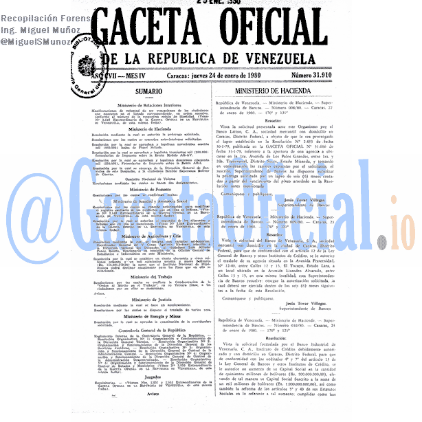 Gaceta Oficial 31910 del 24 Enero 1980