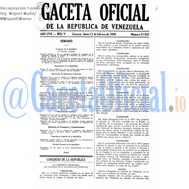 Gaceta Oficial 31922 del 11 Febrero 1980