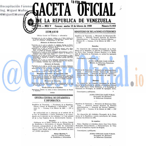 Gaceta Oficial 31923 del 12 Febrero 1980