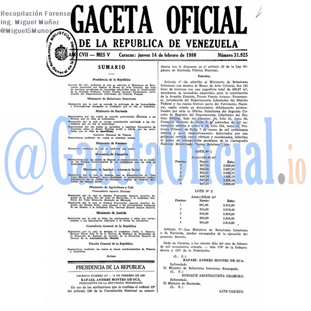 Gaceta Oficial 31925 del 14 Febrero 1980