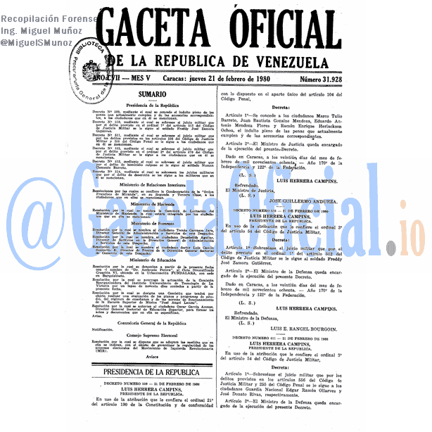 Gaceta Oficial 31928 del 21 Febrero 1980