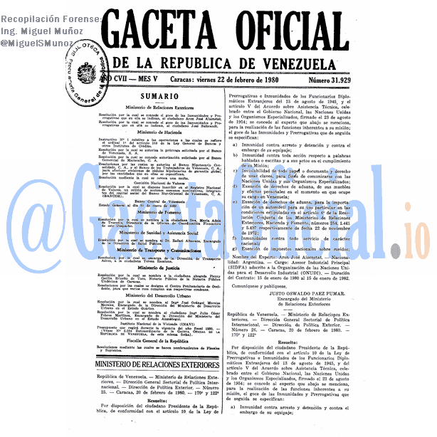 Gaceta Oficial 31929 del 22 Febrero 1980
