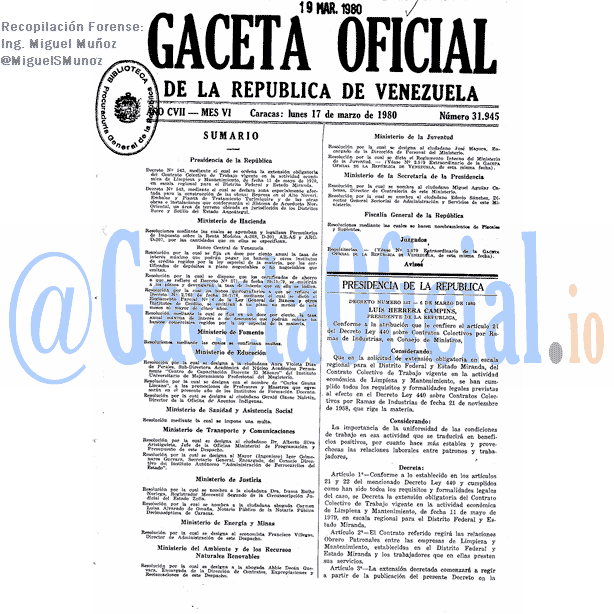 Gaceta Oficial 31945 del 17 Marzo 1980