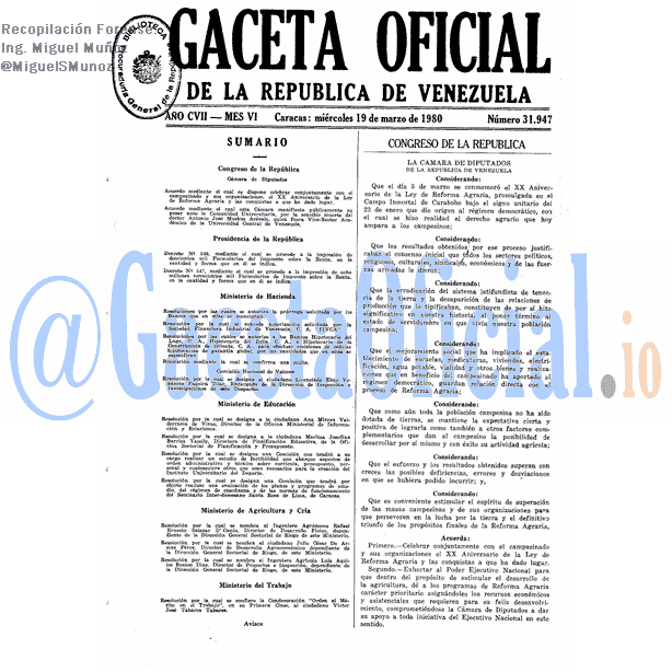 Gaceta Oficial 31947 del 19 Marzo 1980