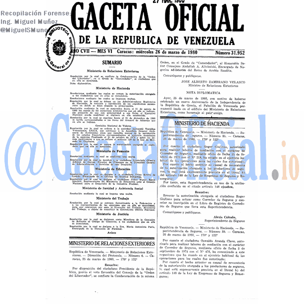 Gaceta Oficial 31952 del 26 Marzo 1980
