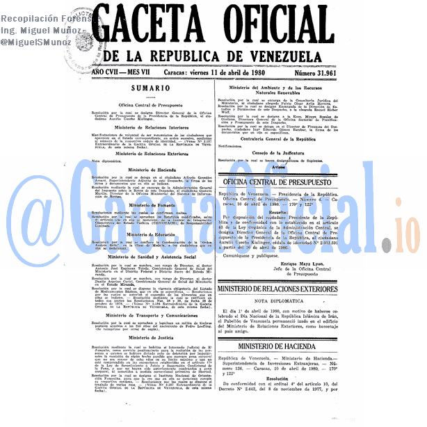 Gaceta Oficial 31961 del 11 Abril 1980