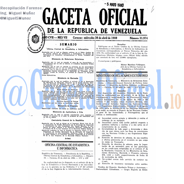 Gaceta Oficial 31974 del 30 Abril 1980