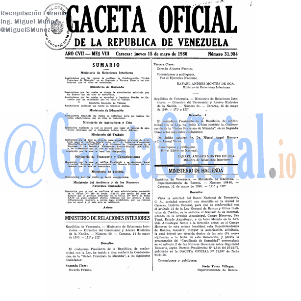 Gaceta Oficial 31984 del 15 Mayo 1980