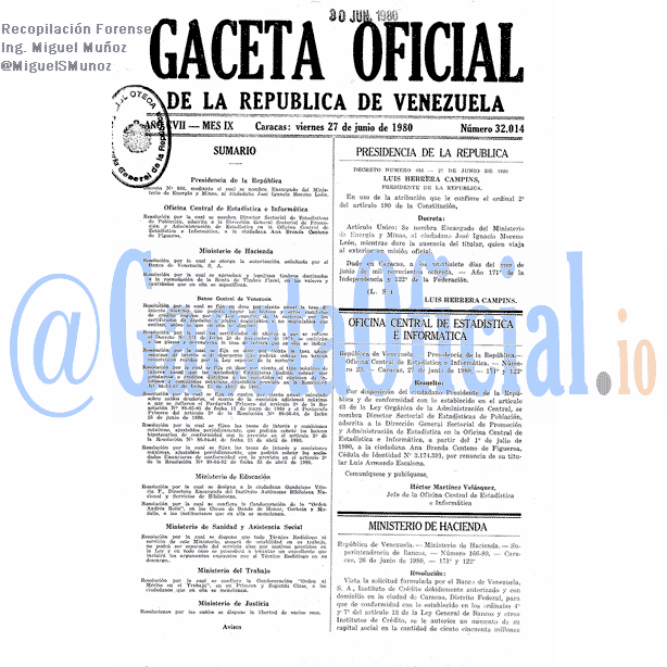 Gaceta Oficial 32014 del 27 Junio 1980