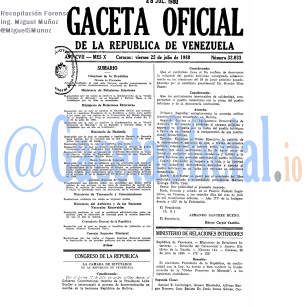 Gaceta Oficial 32033 del 25 Julio 1980