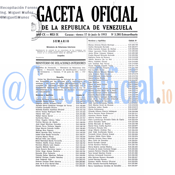 Gaceta Oficial 3205 del 17 Junio 1983