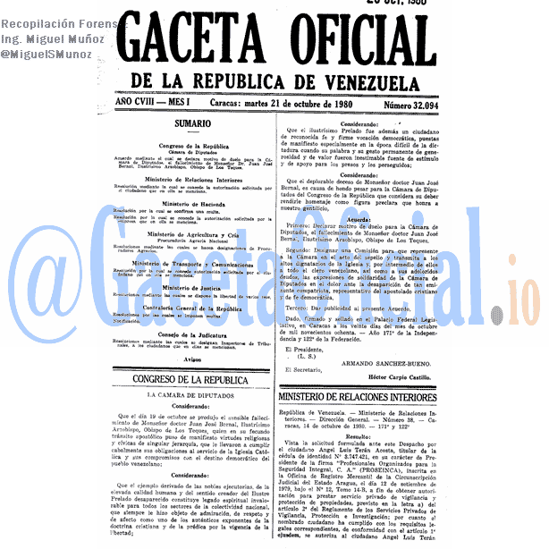 Gaceta Oficial 32094 del 21 Octubre 1980