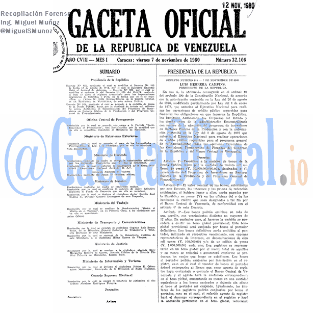 Gaceta Oficial 32106 del 7 Noviembre 1980