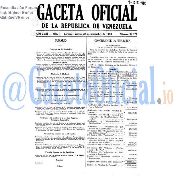 Gaceta Oficial 32121 del 28 Noviembre 1980
