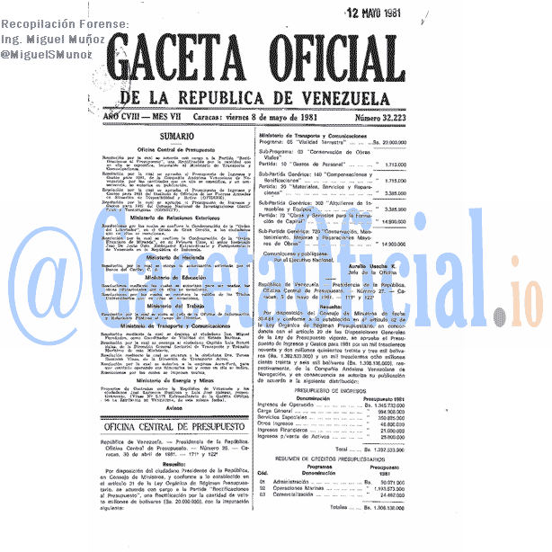 Gaceta Oficial 32223 del 8 Mayo 1981