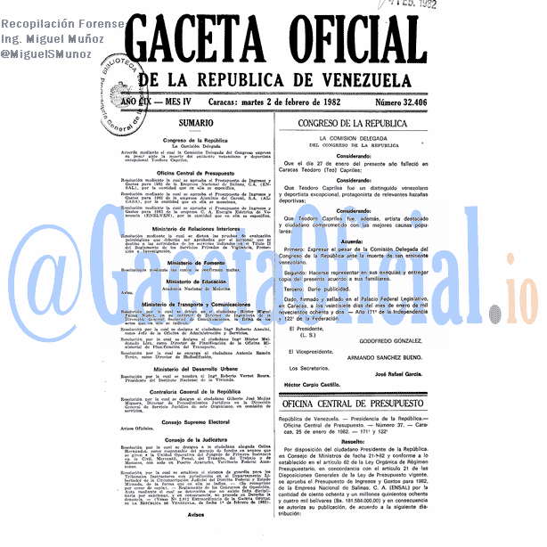 Gaceta Oficial 32406 del 2 Febrero 1982