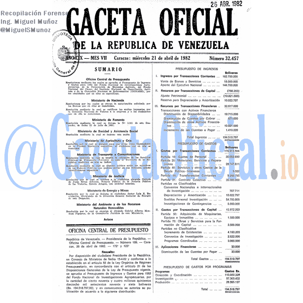Gaceta Oficial 32457 del 21 Abril 1982