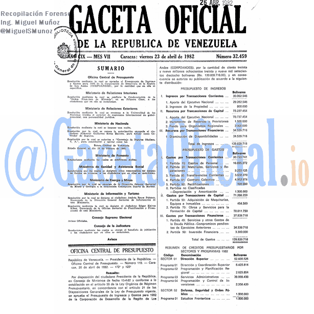 Gaceta Oficial 32459 del 23 Abril 1982