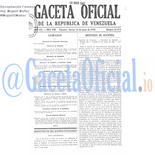Gaceta Oficial 32474 del 14 Mayo 1982
