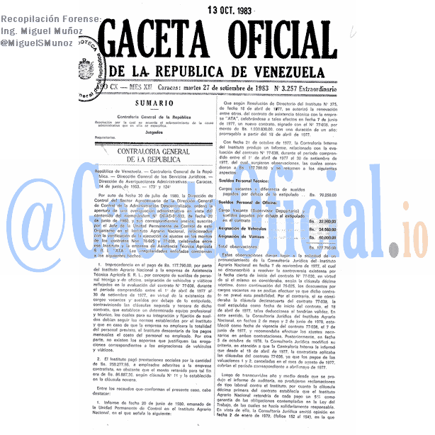 Gaceta Oficial 3257 del 27 Septiembre 1983