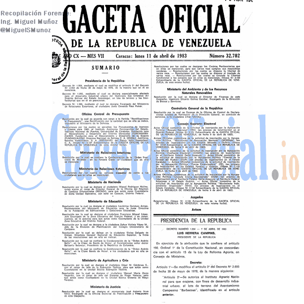 Gaceta Oficial 32702 del 11 Abril 1983