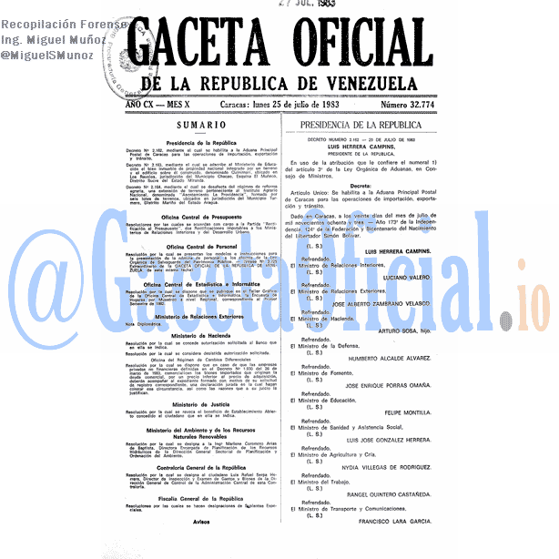 Gaceta Oficial 32774 del 25 Julio 1983
