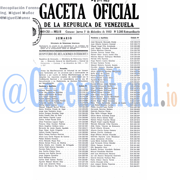 Gaceta Oficial 3285 del 1 Diciembre 1983