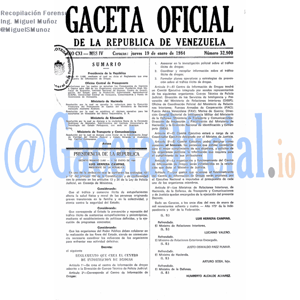 Gaceta Oficial 32900 del 19 Enero 1984