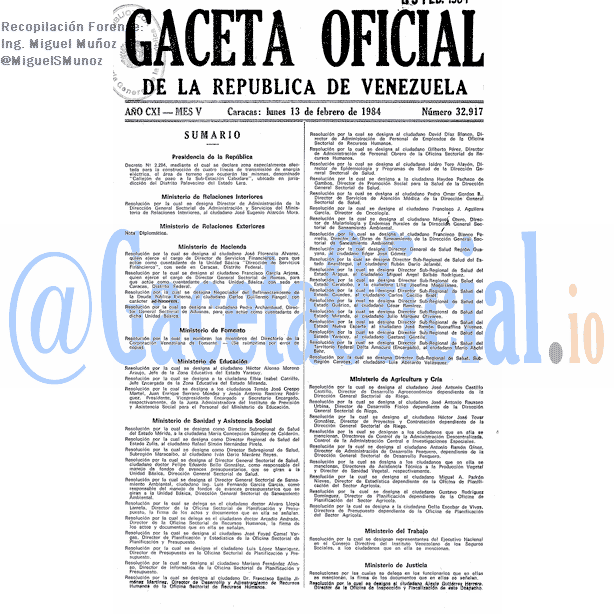 Gaceta Oficial 32917 del 13 Febrero 1984