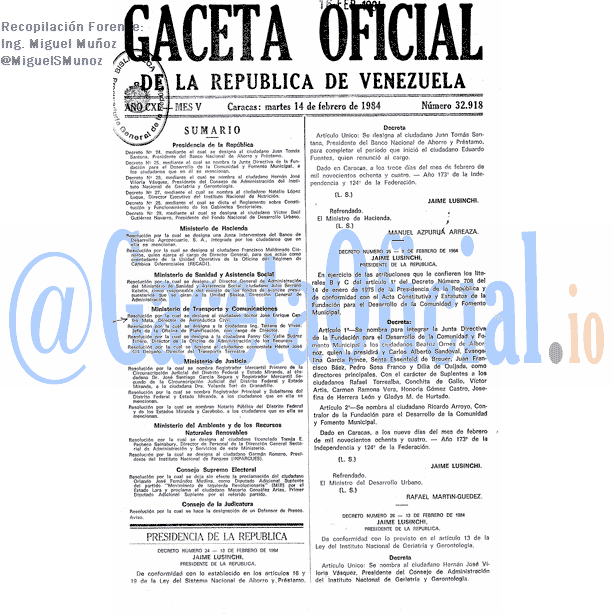 Gaceta Oficial 32918 del 14 Febrero 1984