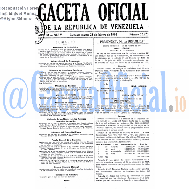 Gaceta Oficial 32923 del 21 Febrero 1984