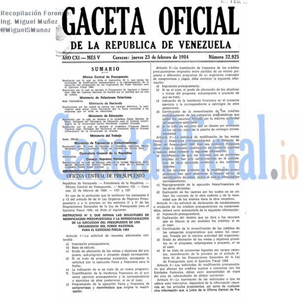 Gaceta Oficial 32925 del 23 Febrero 1984