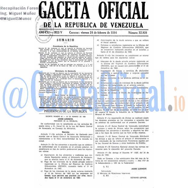 Gaceta Oficial 32926 del 24 Febrero 1984