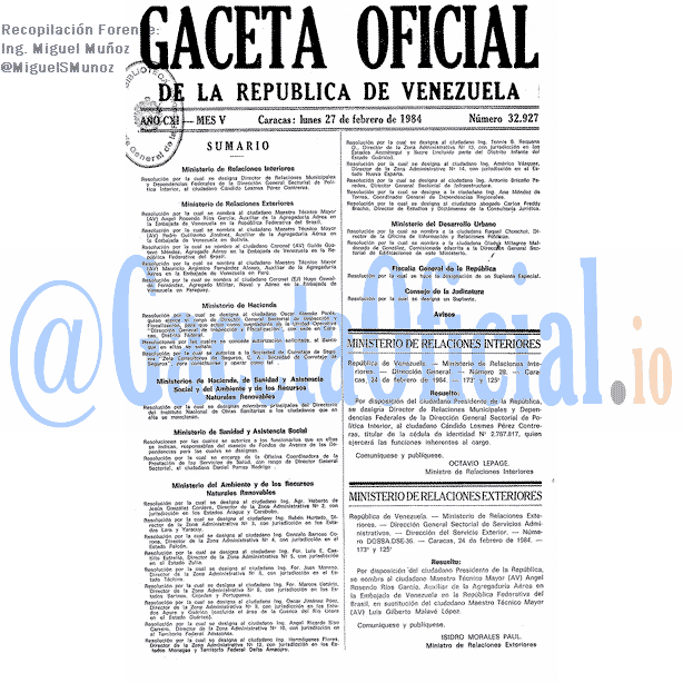 Gaceta Oficial 32927 del 27 Febrero 1984